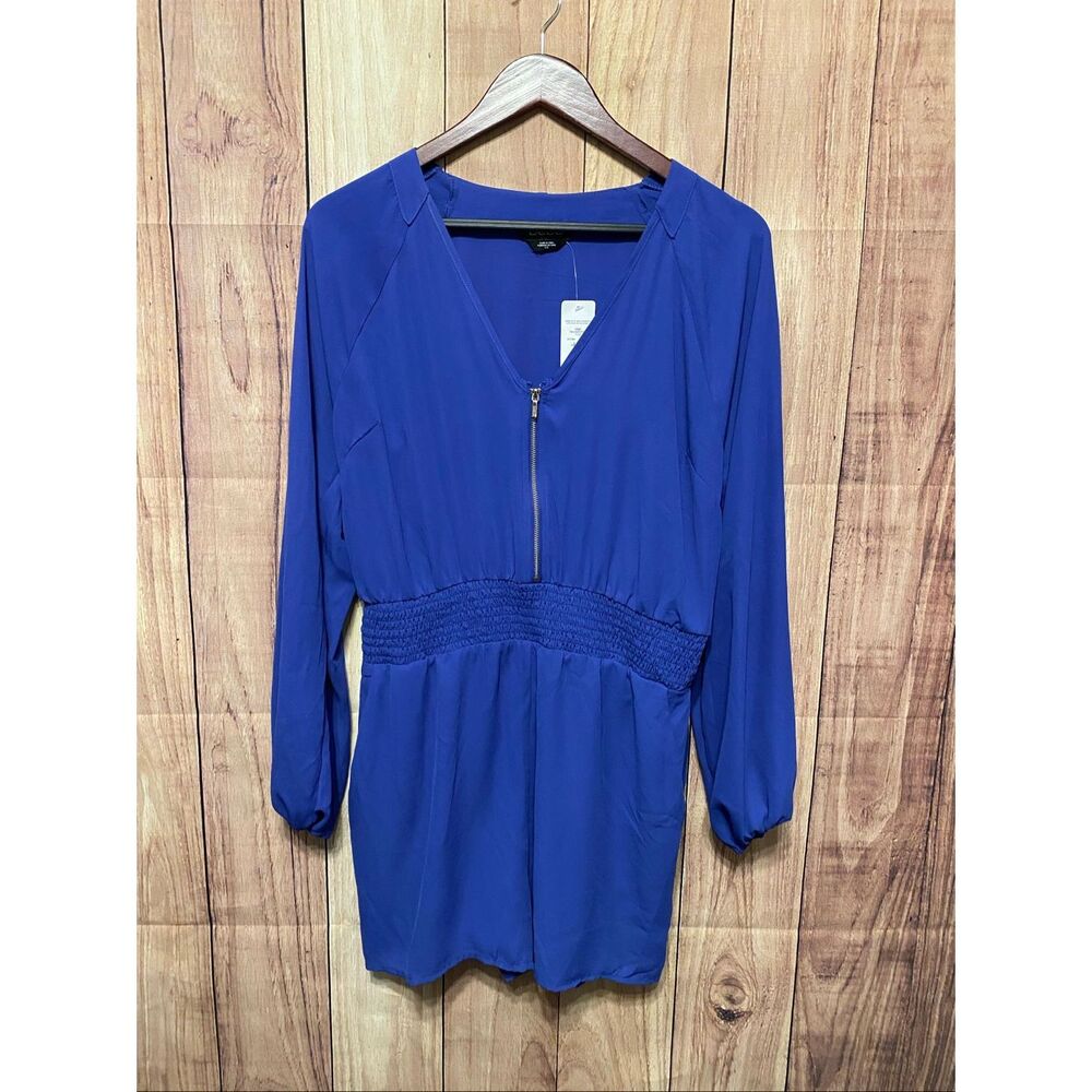 bebe Royal Blue Long Sleeve V-Neck Zip Romper